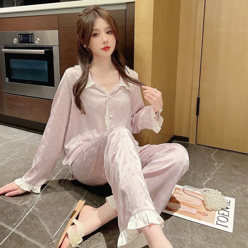 French Court Style Ice Silk Pajamas Women Spring and Autumn Long Sleeve Pants Sweet Princess Style Lovely Home Dress Set