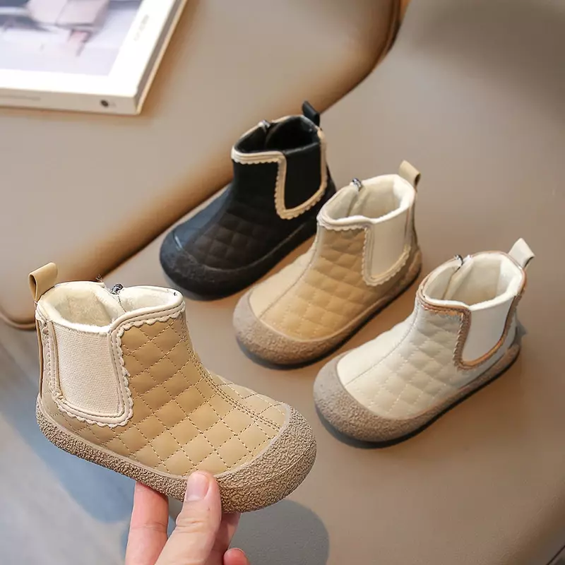 Jesienno-zimowe botki dla małej dziewczynki dziecięce buty na zewnątrz antypoślizgowe obuwie dziecięce wodoodporne wiatroszczelne koronkowe pluszowe trzewiki dziecięce