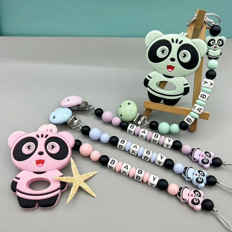 Chupete de silicona con diseño de Panda para bebé, mordedor de cadena con nombre de letra en inglés y ruso personalizado, mordedor Kawaii, regalos