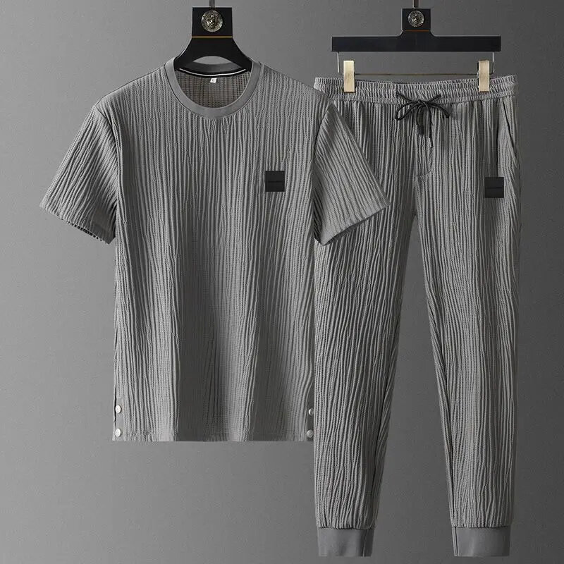 Casual Men's Solid Color Short Sleeve Tracksuit Men Summer Male Clothes Trend Fashionable Round Neck T-shirt Pants Two Piece Set