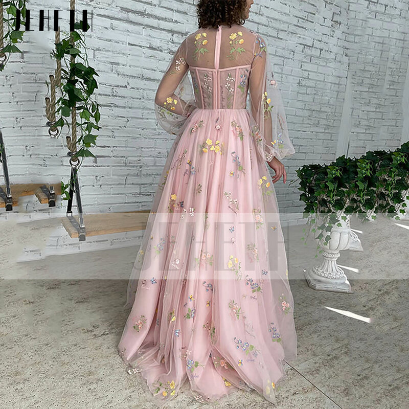 JEHETH Thêu Ren Vải Tuyn MỤC VỤ Prom Dress Cổ Tích Dài Tay Áo Illusion Trở Lại A-Line O-Cổ Đảng Evening Gown Tầng Length