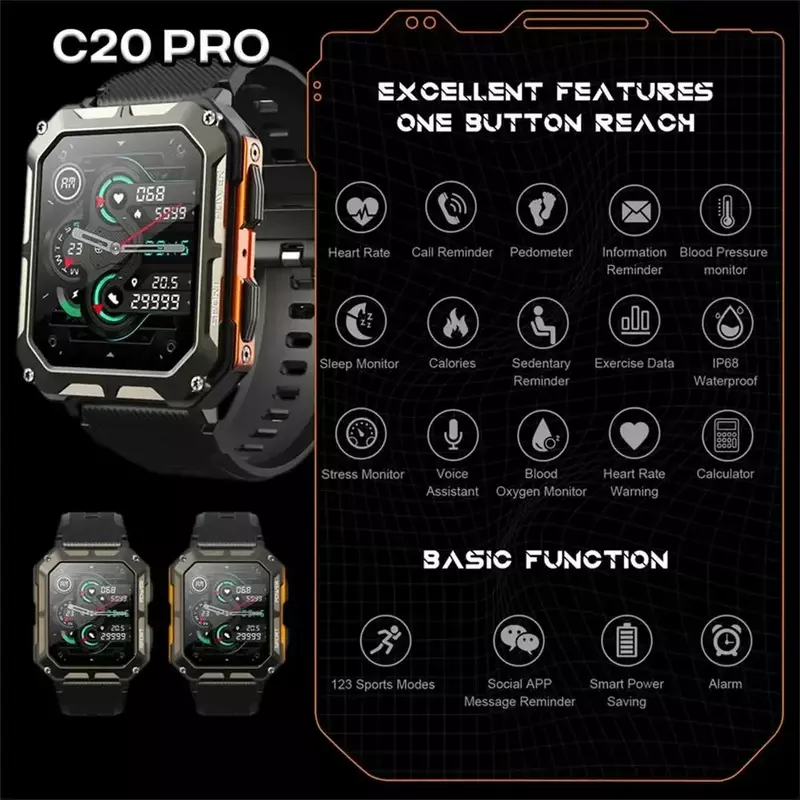C20 Pro Relógio Inteligente Compatível com Bluetooth, 1.83 ", IP68 Impermeável, Chamada de Música, Esportes ao ar livre, Fitness, Frequência Cardíaca Smartwatch, 2024