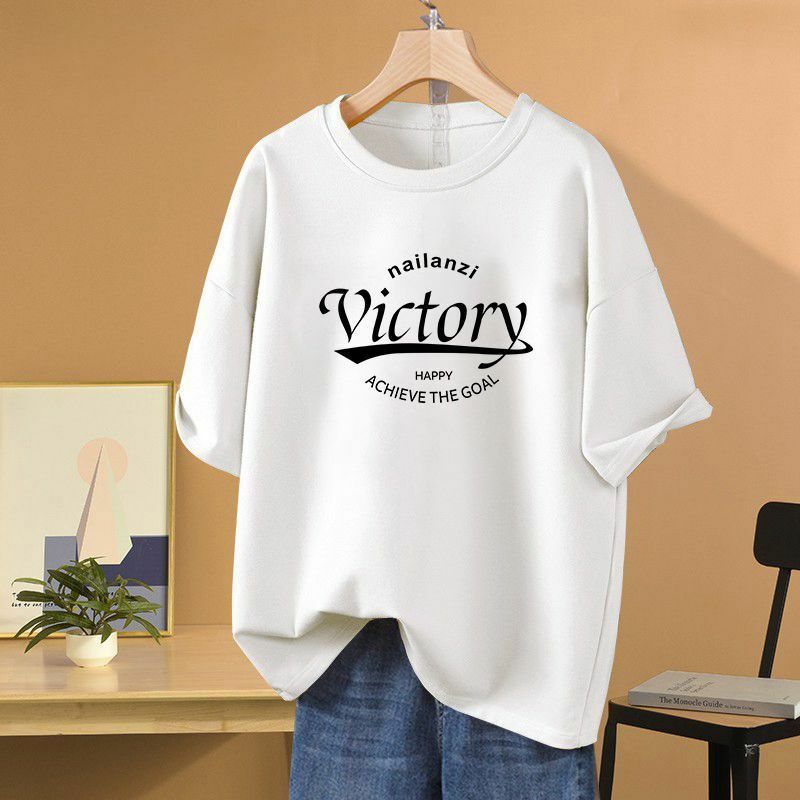 Women Summer Pure Cotton T-shirt Short Sleeve Letter Printed Loose Tops Comfortable O-neck Casual Basics Pullover