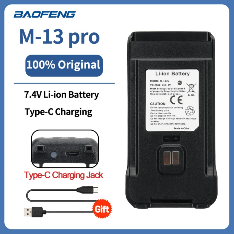 Baofeng-M-13 Pro Carregador Tipo-C, Bateria Li-ion BL-13 UV, Compatível com Walkie Talkie, Original