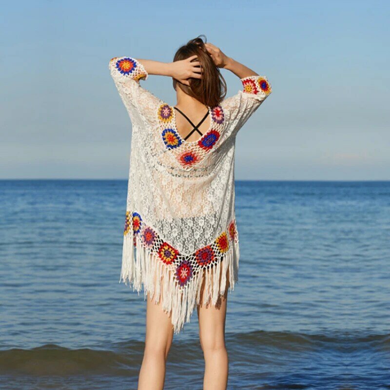 女性のためのロングビーチドレス,休暇のための夏服,無地のパッチワーク,かぎ針編み,3/4袖,タッセル