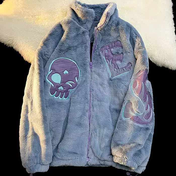 2023 winter new loose ins street furry jacket tide clothes women embroidered letters imitation rabbit fur zipper jacket women