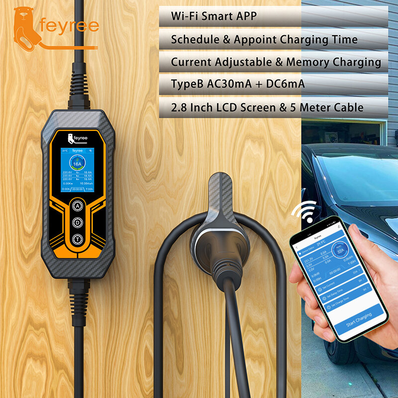 Feyree Typ 2 tragbares ev Ladegerät 11kw 16a 3-Phasen-WLAN-App Bluetooth-Version evse Ladekabel 5m cee Stecker für Elektroauto