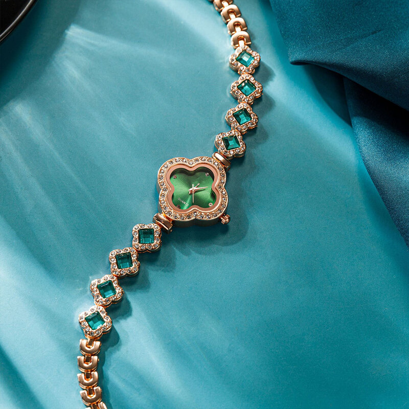 Pulseira de relógio de quartzo feminino, ouro rosa, luxo, esmeralda, verde, moda feminina, relógios diamond dial, prenda feminina
