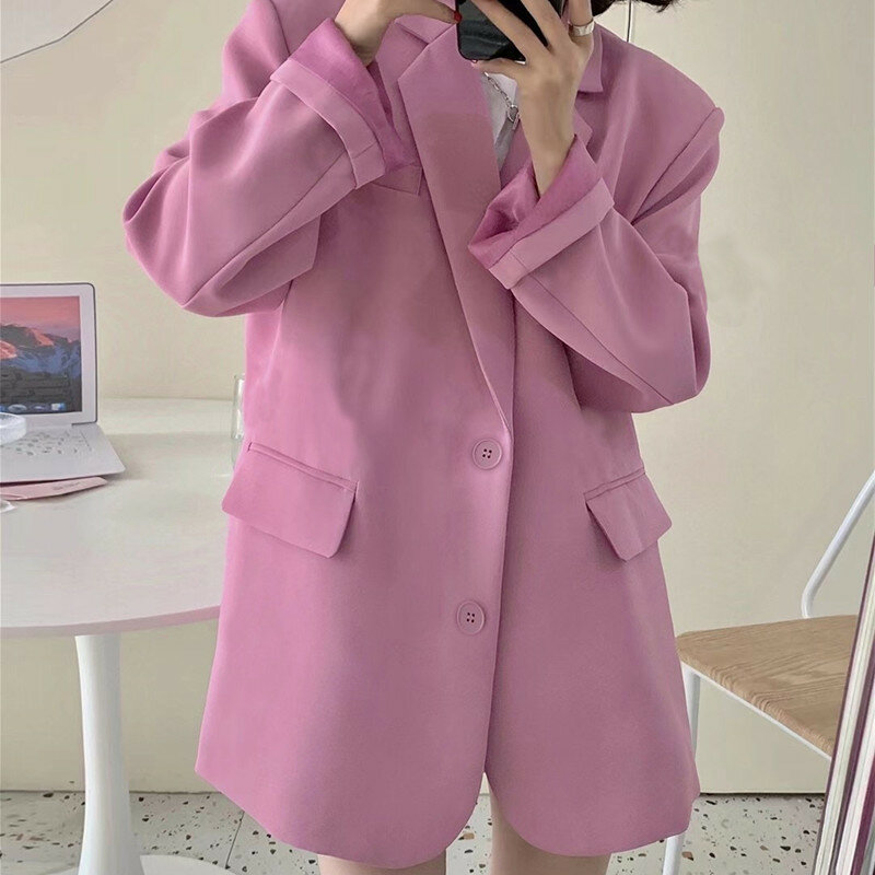 Pink Thin Cotton Slim Blazers Lapel Solid Colors Single Breasted Casual Blazer Vintage Suits Women Long Sleeve Fashion Work Wear