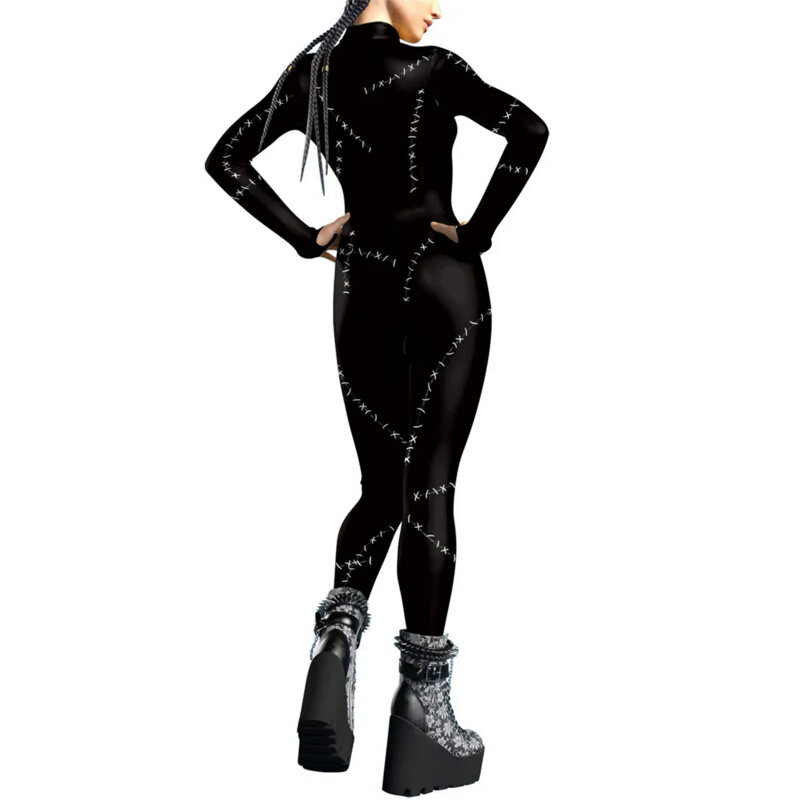 FCCEXIO Dark Wind Catwoman Print Zentai Black Jumpsuit Carnival Halloween Party Woman Sexy Bodysuit Outfit Mujer Costume