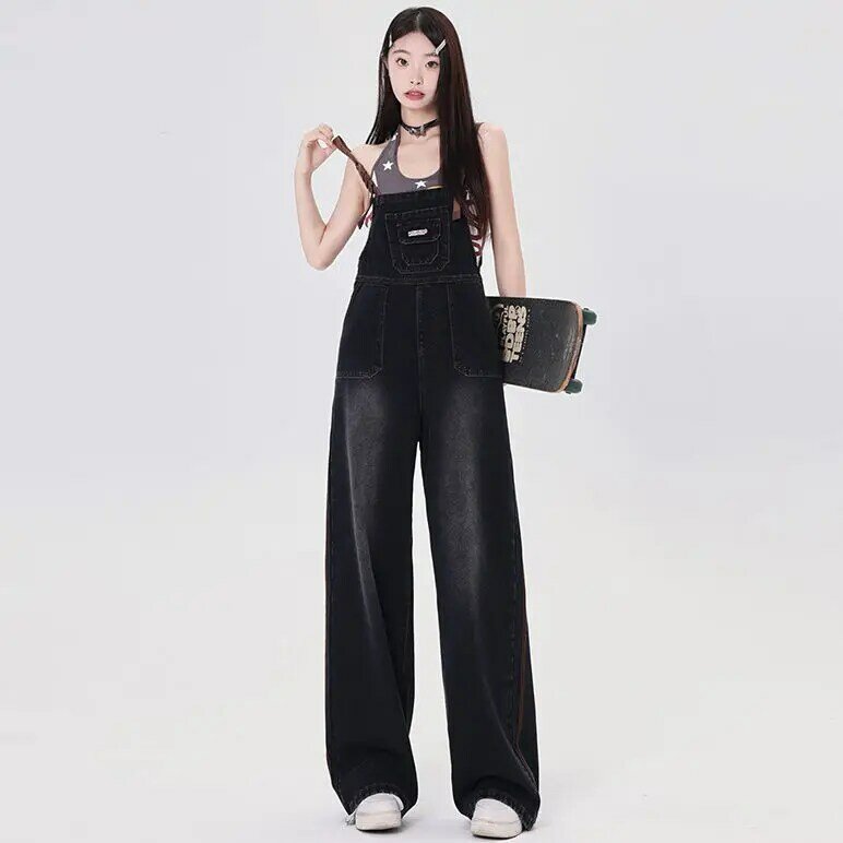 Женские джинсы ретро-комбинезон, свободные летние брюки с широкими штанинами в стиле преппи, синие и черные, 2024, корейские повседневные джинсовые комбинезоны для женщин