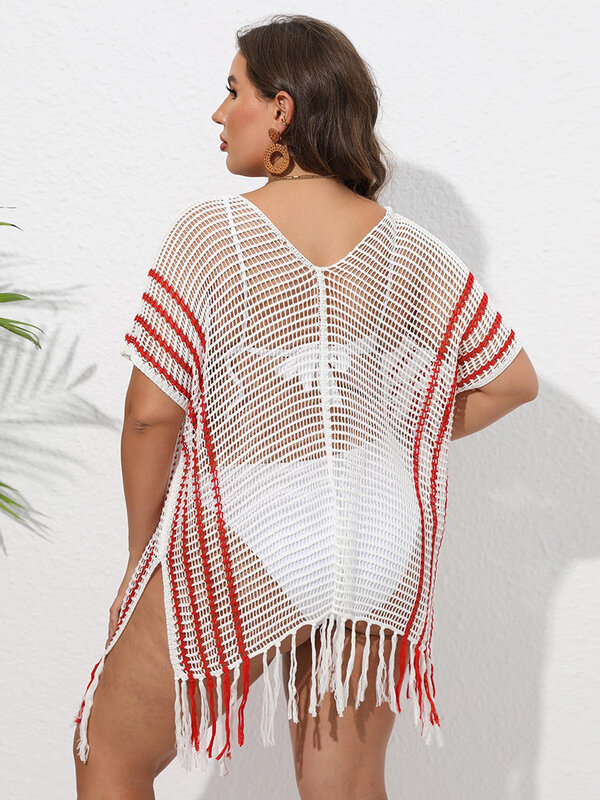 GIBSIE-Robe de plage grande taille pour femme, vêtement de plage rayé, transparent, amissié, fendue, avec pompon, cover-up pour les maillots de bain, 2024