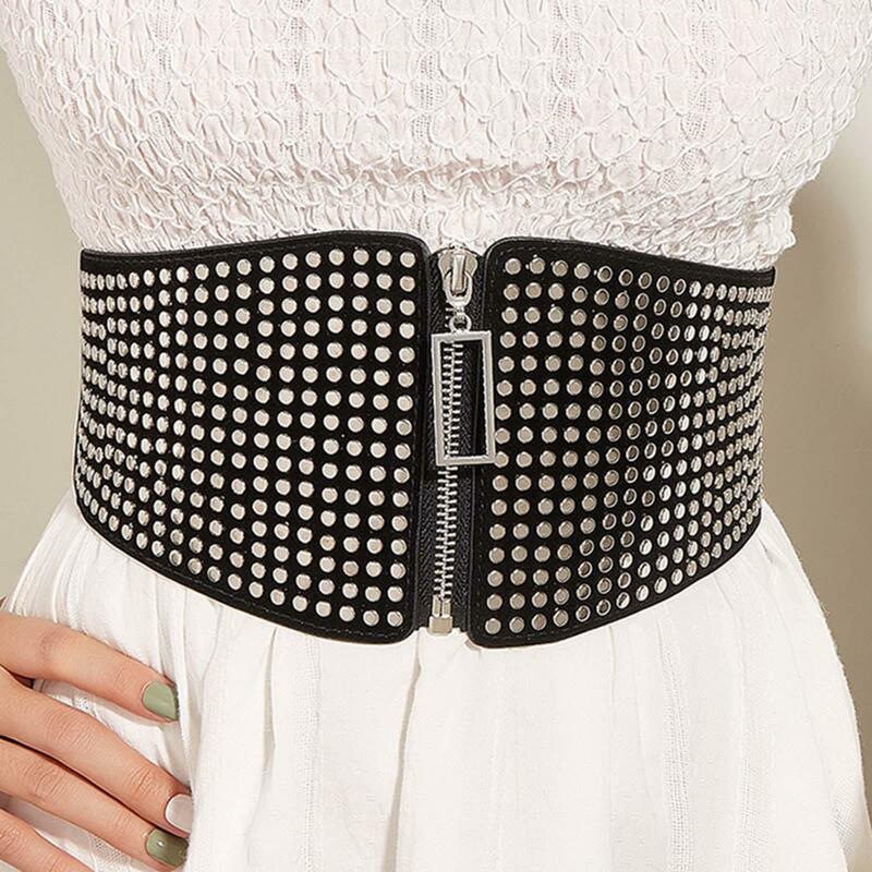 Wide Elastic Corset Belt Female Leather Rivets Cummerbunds Zipper Closure