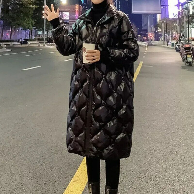 Fashion Winter Jacket Women Cotton 2024 Padded Clothes Light Middle Long Standing Collar Bright Face Streetwear Bubble Coat