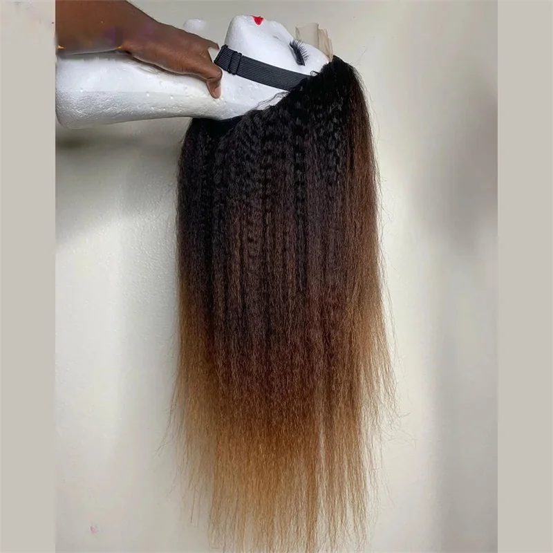 Kinky Straight Lace Front Wig para mulheres negras, Glueless, Ombre, marrom, cabelo do bebê, resistente ao calor, diariamente, pré-arrancadas, 26 ", 180 Densidade