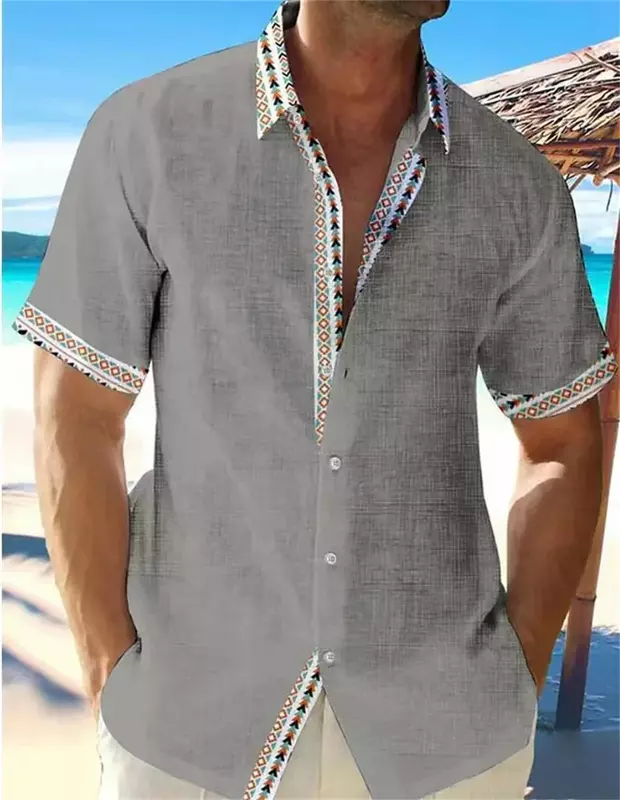 2023 New Fashion Men's Hawaii Beach Solid Linen Short Sleeve Shirt Men's High Quality Street Men's Designer Top Summer