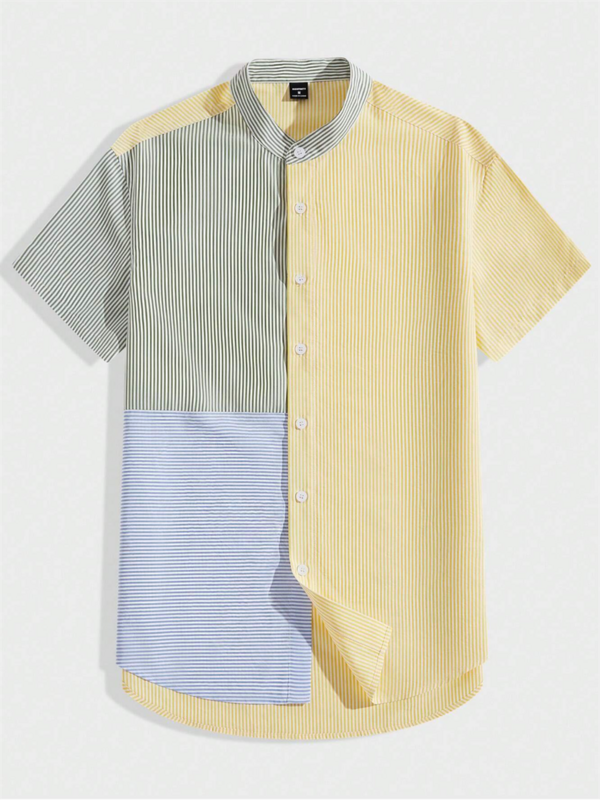 メンズストライププリントカラーブロックシャツ,半袖,スタンドカラー,カジュアルボタン,快適なファッション,夏,5xl