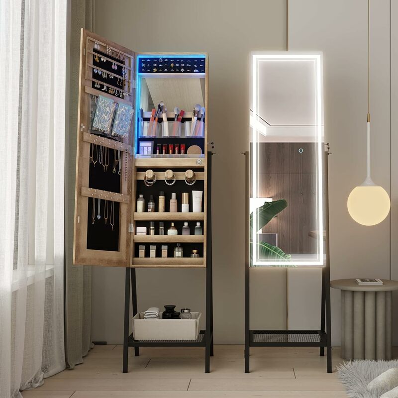 -Jóias Gabinete Permanente com LED, Jóias Espelho, Comprimento Total, Built-in Espelho de Maquiagem e Luzes