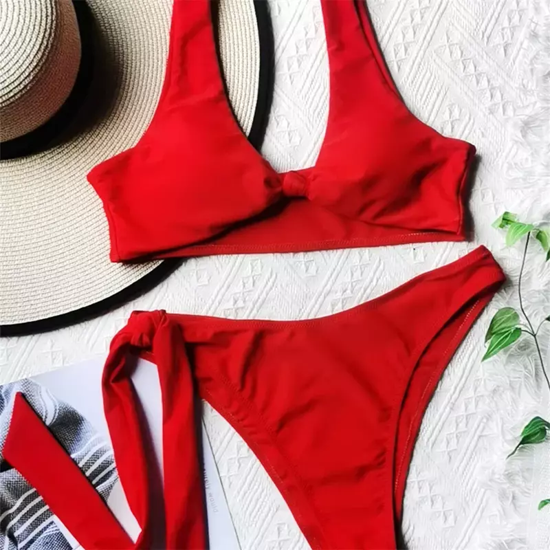 Bikini rosso Top costume da bagno annodato fasciatura perizoma costumi da bagno brasiliano Tankini Beach Outfit due pezzi donna costume da bagno Bikini set