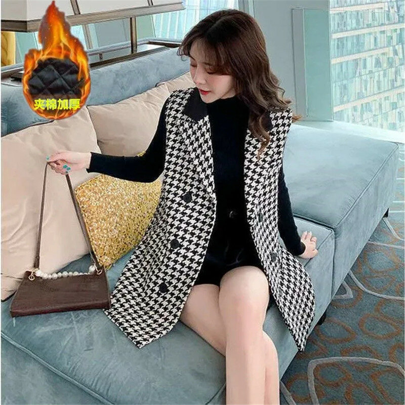 Spring Autumn Suit Vest Mid Length Suit Collar Grid Vest Coat Sleeveless Suit Jacket 2024 New Women's Korean Casual Outerwear