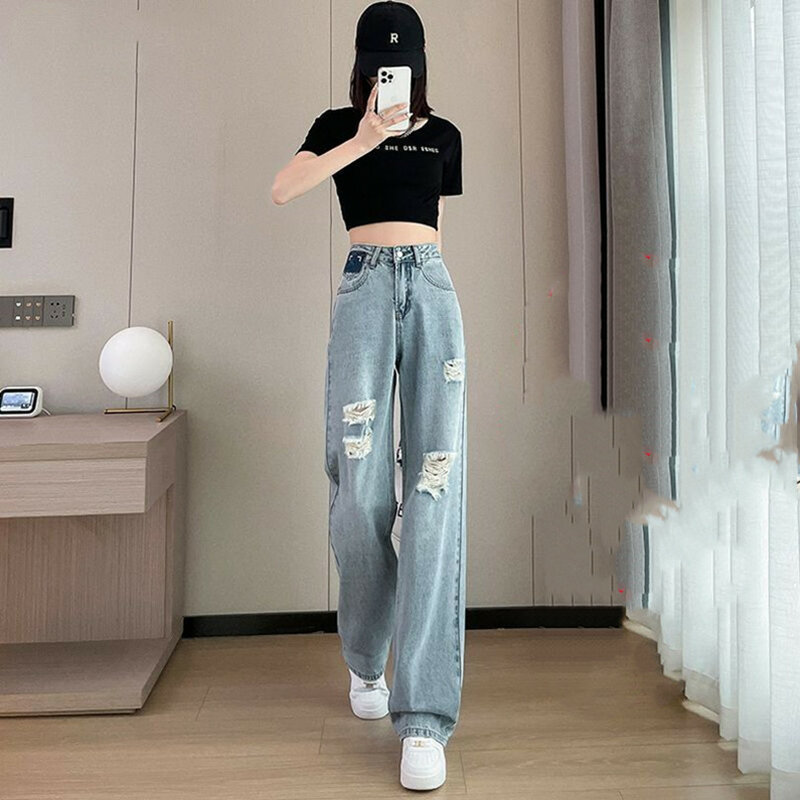 Jeans alla moda traforati dritti primavera/estate edizione coreana nuovi pantaloni larghi larghi versatili a vita alta