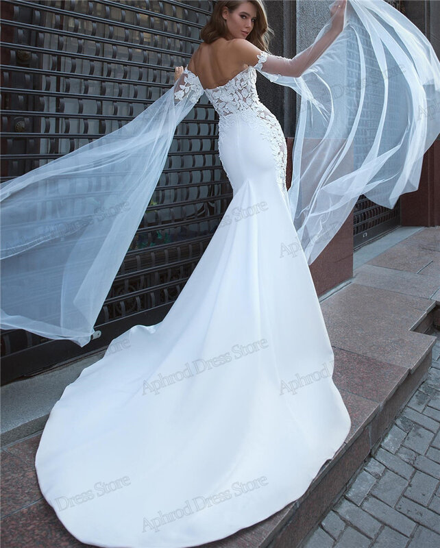 Off-ombro cetim e laço vestido sereia bainha, vestidos de casamento modernos, vestidos de noiva graciosos, vestes para noivas