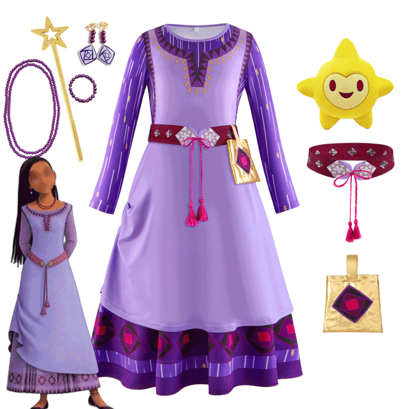 Disney-Costume de princesse Asha pour filles, vêtements de souhait, robe de fête d'anniversaire, cosplay d'Halloween, robe de festival pour tout-petits