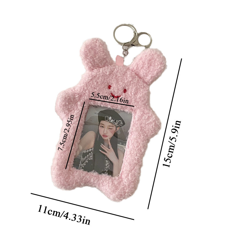 INS Cute Cat Rabbit Plush Photocard Holder Korean Idol Photo Sleeve Protective Case Student ID Card Cover With Keychain Pendant