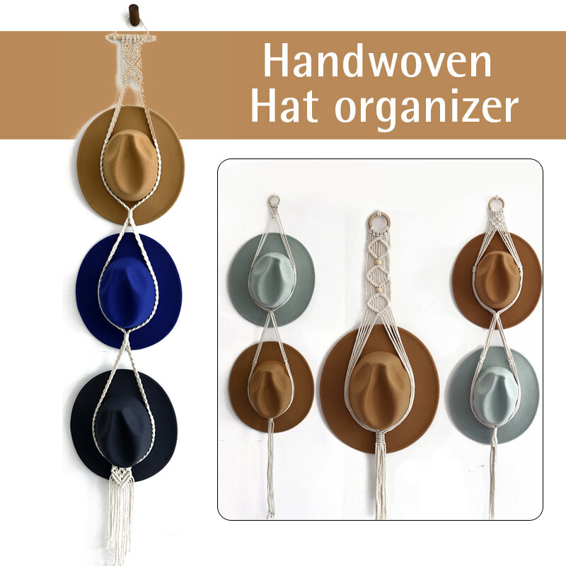 Kreative hand gewebte Hut hängen Veranstalter Hut Schal Mantel Lagerung Display Rack Rahmen Boho Baumwolle Tapisserie Wand dekoration