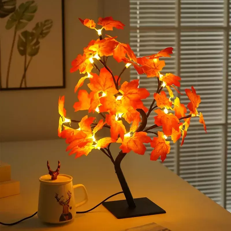 Lampu meja pohon Bunga Peri 24 LED, lampu daun Maple lampu malam mawar USB dioperasikan hadiah untuk dekorasi pesta pernikahan Hallowmas
