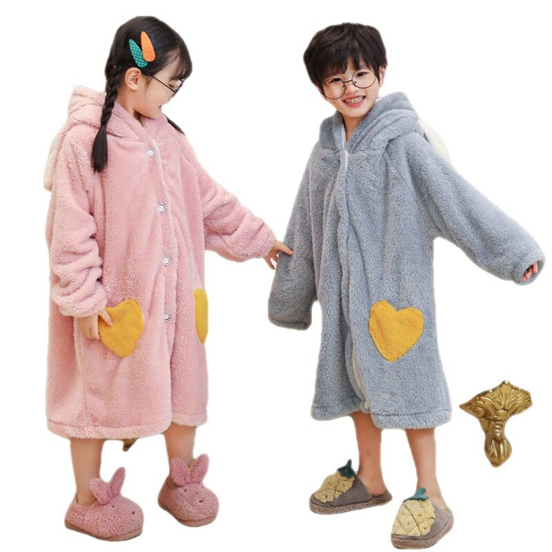 Pijamas gruesos de terciopelo coral para niños, albornoces, ropa de casa con capucha de franela para niños y niñas, Otoño e Invierno