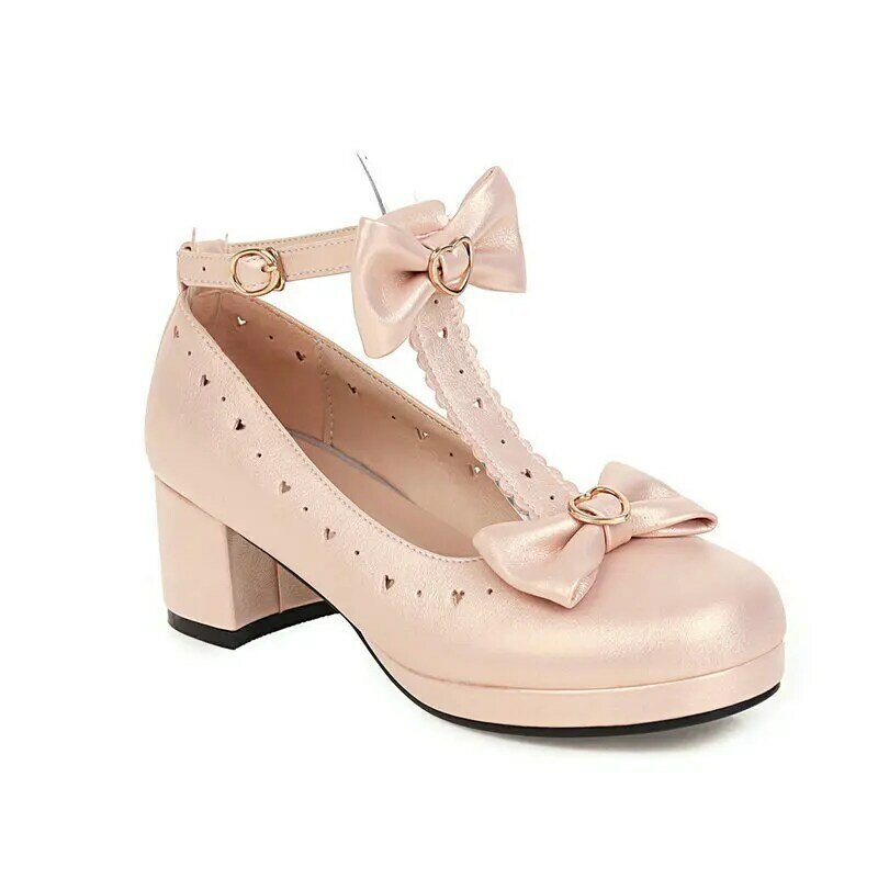 Sepatu wanita perempuan Mary Jane Strap sepatu pump bulat hak rendah pelajar wanita Size30-43 sepatu putri Lolita gesper pita merah wanita