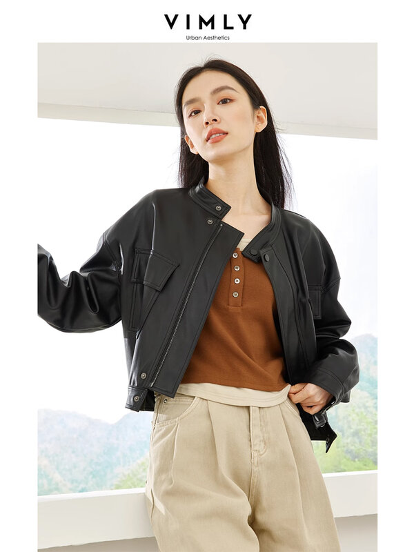 Vimly Black Stand Collar Cropped Leather Jacket 2023 Autumn New Casual Loose Long Sleeve Women's Moto Biker Zipper Jackets 16181