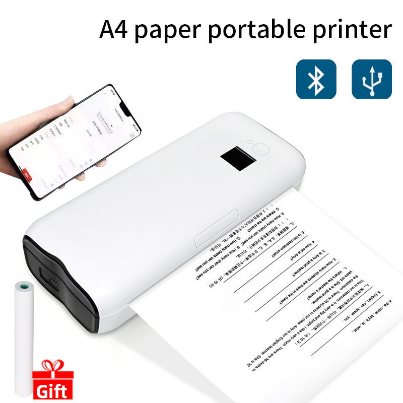 잉크없는 안드로이드 IOS 모바일 블루투스 A4 프린터, 무선 휴대용 열전사 인쇄기 A4 문서 PDF 그림 웹 페이지