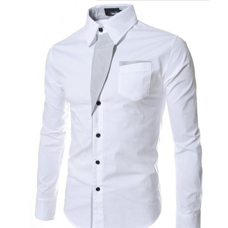 Camisa monocromática slim-fit masculina com manga comprida, lapela, slim-fit, casamento, trabalho, reunião, escritório, formal