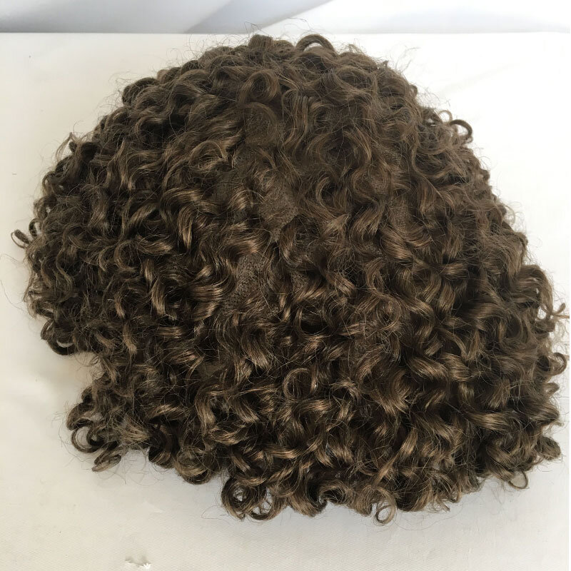 Mens Toupee Curly Human Hair Wigs Replacement Full Swiss Lace Toupee Hair Piece For Black Men's wig 10X8inch Brown #4 Color