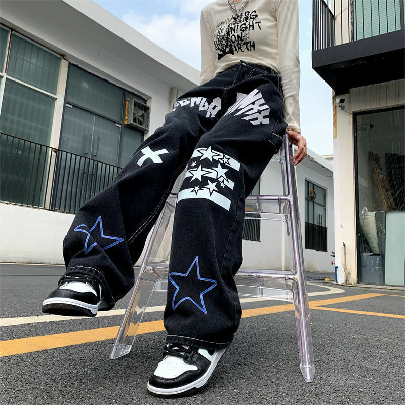 Pantaloni Casual in Denim Harajuku pantaloni Jeans Hip Hop lavati lettera stampa Jeans larghi dritti donna Retro High Street Oversize