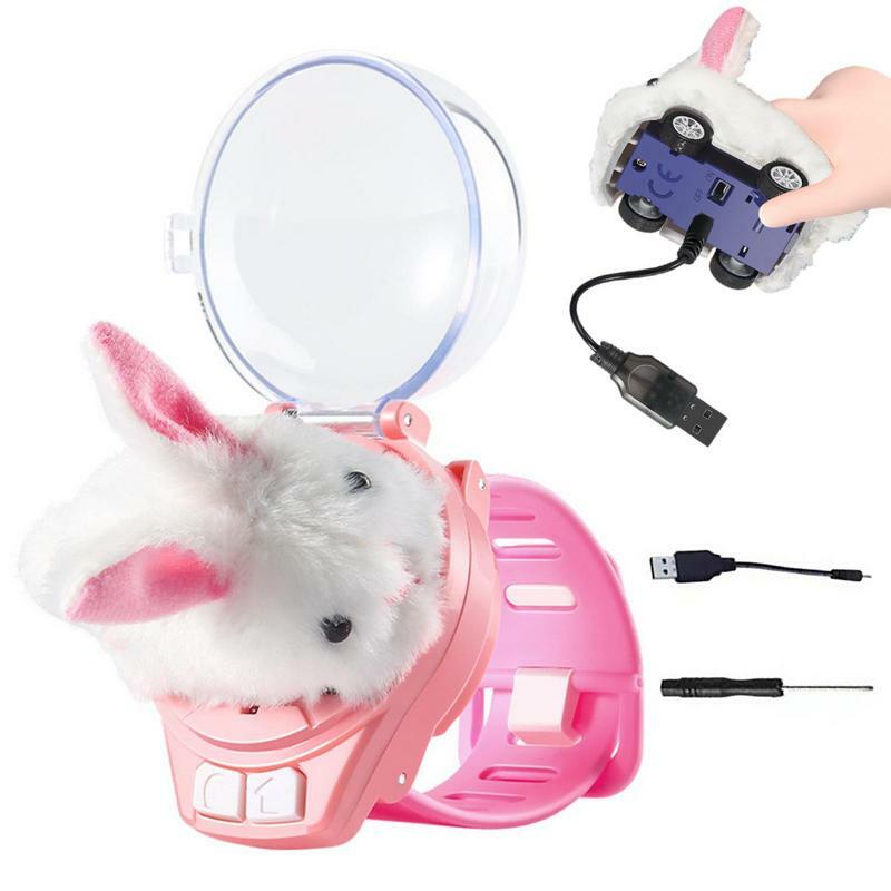 Zdalnie sterowanym samochodowym zegarek zabawka 2.4 Ghz elektryczny zegarek sterujący samochód odpinany pluszowy króliczek Rc samochodowy zegarek USB z tylnymi światłami dla dziewczynki