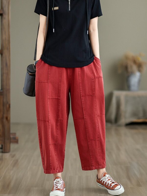 Pantalones bombachos de gran tamaño para mujer, pantalón informal holgado con cintura elástica, plisado, pierna ancha, primavera y verano