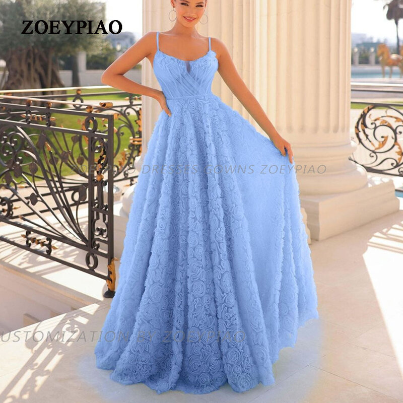 Tule azul claro Vestidos de noite femininos, alças de espaguete, sem mangas, longos, flores de princesa, vestidos formais de baile, 2024
