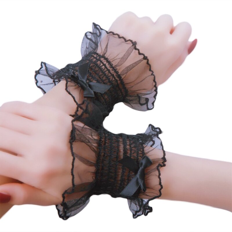 652F Japanese  Sweet Shirred Elastic Wrist Cuffs Solid Color Ruffled Lace Bowknot Bracelet Wristband Anime Hand Sleeves