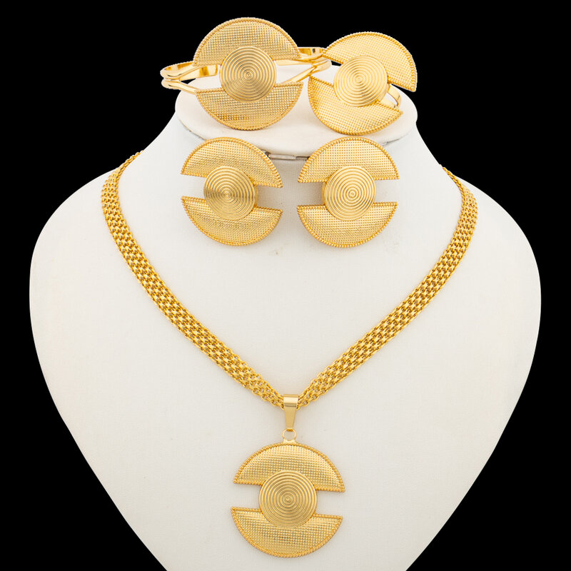 Pendientes y collar de Color dorado de 18k para mujer, conjunto de joyería, brazalete, anillo, boda, fiesta