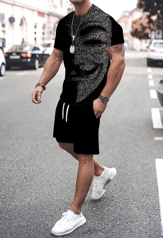 Футболка мужская в полоску, повседневный модный серый комплект из футболки с короткими рукавами и шорт с принтом Ace of Spades, лето 2023