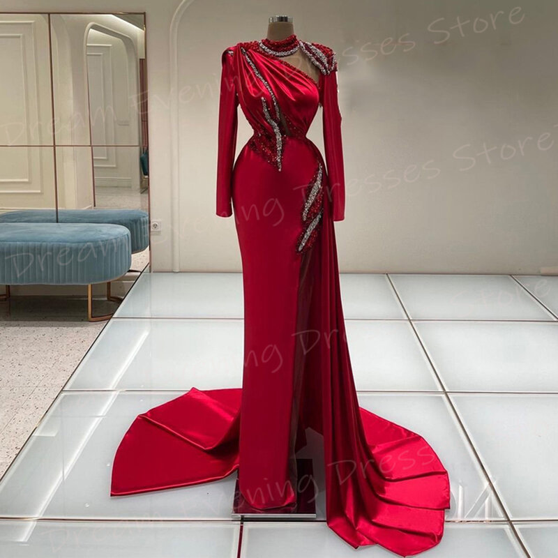 Vestidos femininos de noite manga comprida com gola alta, generosos e fascinantes, lindos vestidos de baile, frisados Abiye elbise, vestidos sereia vermelhos