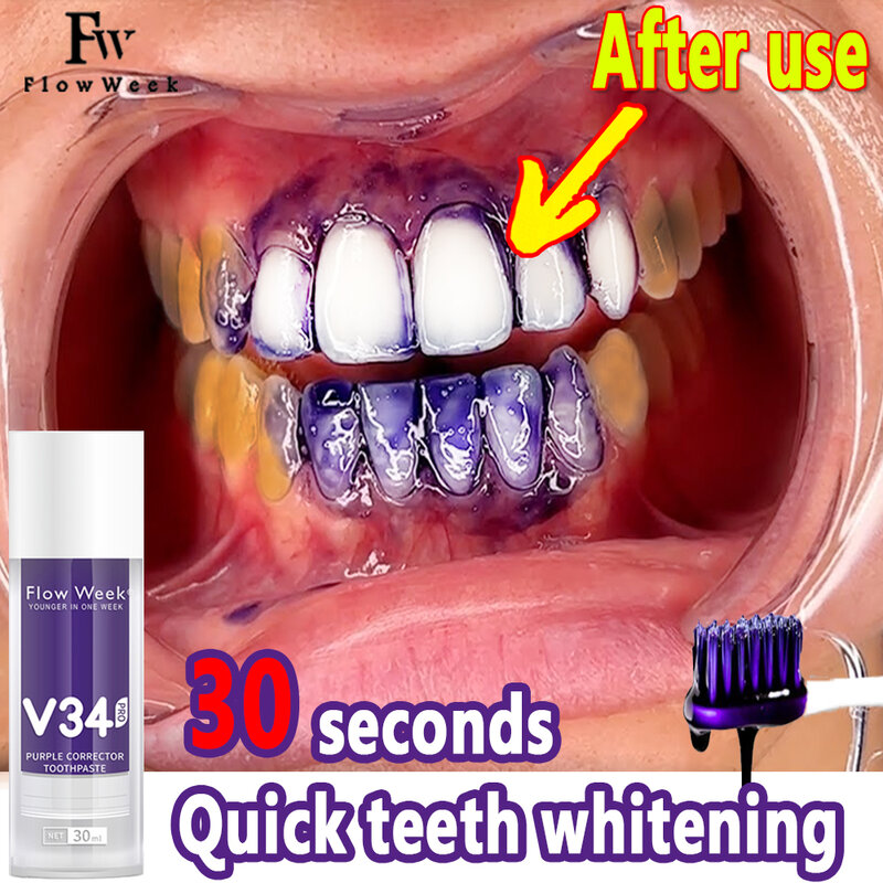 FlowWeek Smilekit V34 fioletowa pasta do zębów korektor koloru zębów do wybielania zębów zmniejsza żółknięcie czyszczenia zębów
