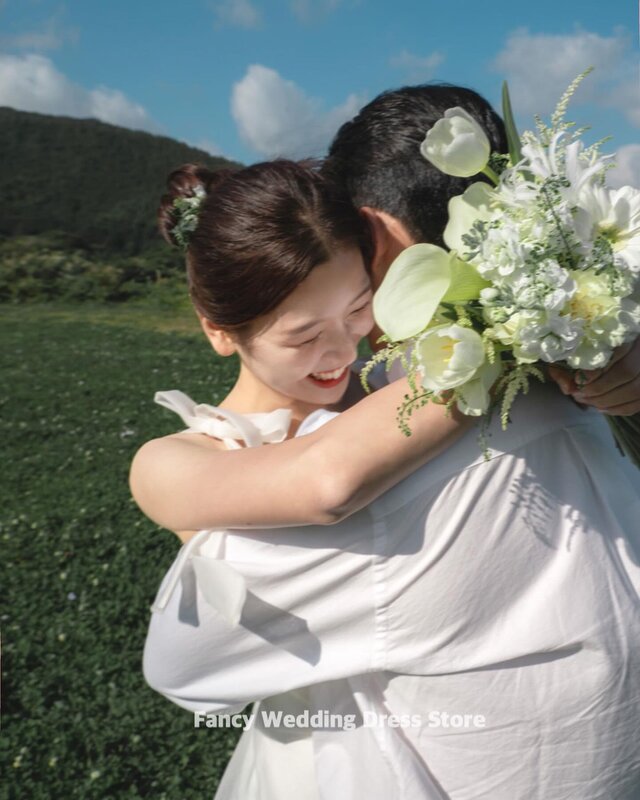 Fancy Elegant A Line Ivory Korea Wedding Dress Photoshoot Spaghetti Straps Sleeveless Organza Bridal Gown Zip And Corset Back
