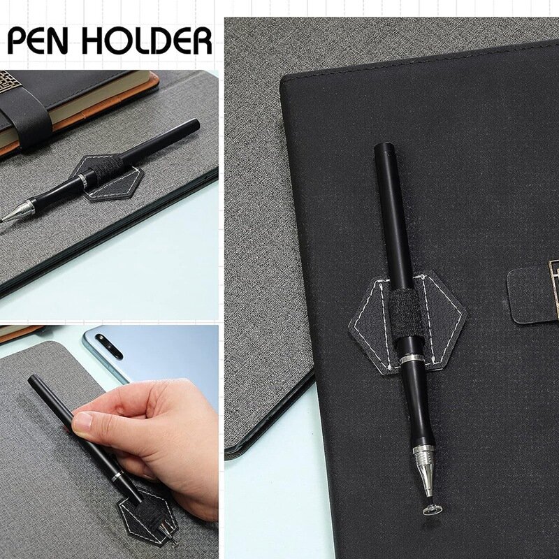 Portalápices autoadhesivo de cuero PU negro, soportes de bucle elásticos hexagonales para cuaderno, diario, aproximadamente 4,5x4cm, 10 piezas