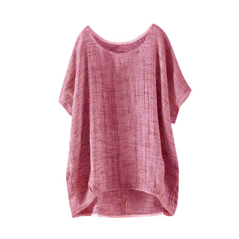 Plus Size bluzka damska koszula trwała bawełna lniana z okrągłym dekoltem nietoperz z krótkim rękawem casualowy luźny Top sweter Blusas Mujer De Moda 2023