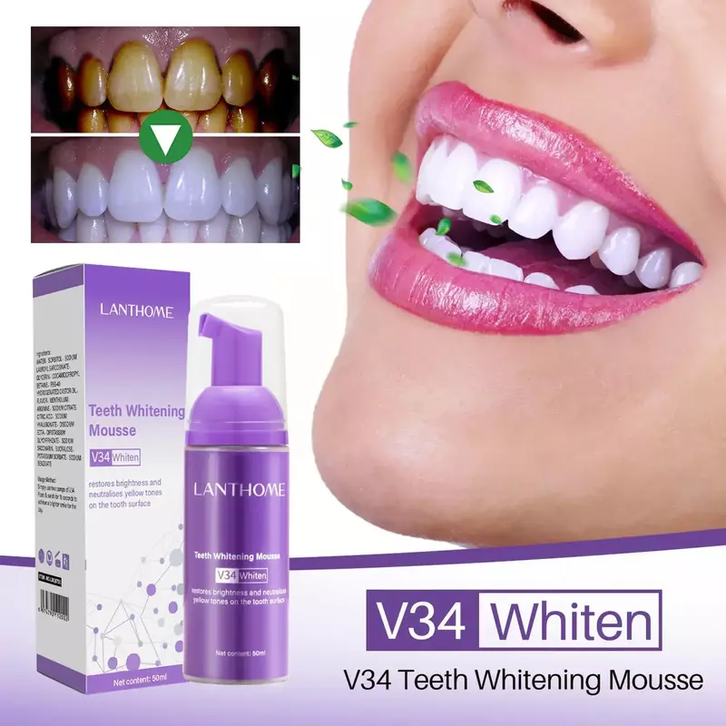 Creme dental Mousse V34 para limpeza oral, Creme dental clareador, Amarelo Removendo Manchas Dentes, Higiene Oral, 50ml, 2023
