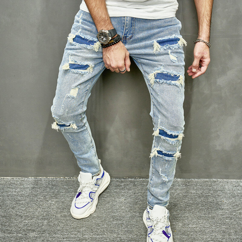 2023 modnych męskich dziur dżinsy Skinny na co dzień spodniach Streetwear męski stylowy, solidny wąskie spodnie jeansowe Hip Hop